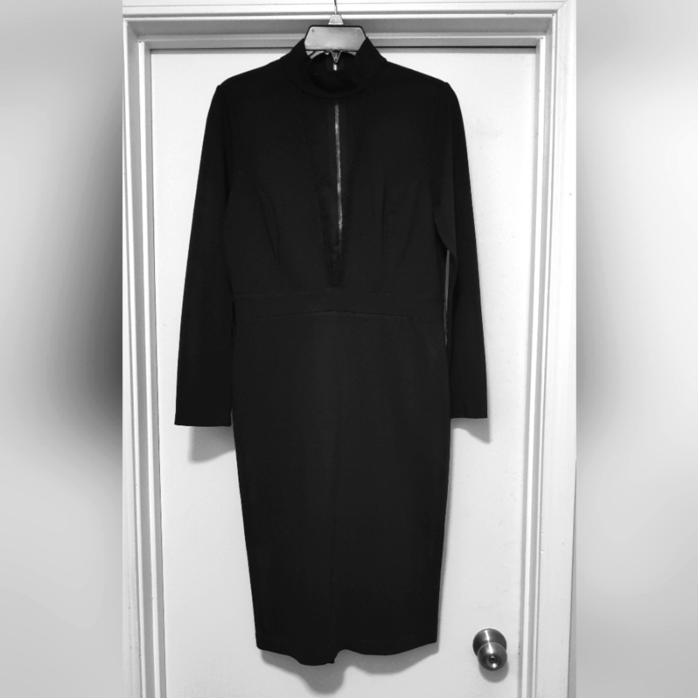 Black Sheer Front Long Sleeve Zipper Back Dress with Gold Belt